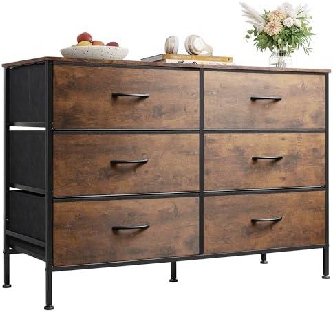WLIVE Dresser for Bedroom with 6 Drawers, Wide Fabric Dresser TV Stand for 50 Inches TV, with Metal Frame, Wooden Top, Fabric Storage Dresser for Bedroom, Hallway, Entryway, Rustic Brown
