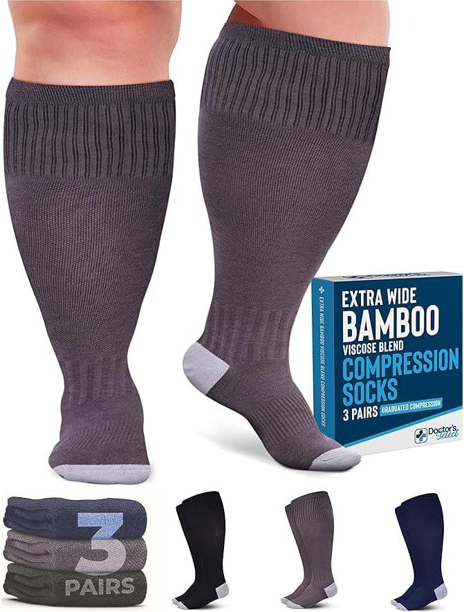 Doctor's Select 3 Pairs Plus Size Compression Socks Wide Calf | Bamboo Viscose Knee High Socks for Circulation Support | Wide Calf | Black, Gray, Navy (4X-Large)