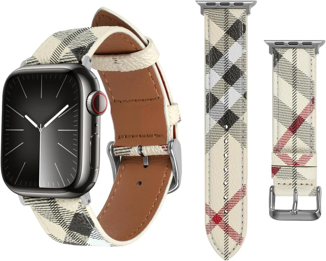 REYUIK Leather Band Compatible with Apple Watch iWatch 49mm 45mm 44mm 42mm Women Men, Luxury Plaid Designer Leather Wristband for iWatch Ultra/Ultra 2 Series 9 8 7 6 5 4 3 2 1 SE SE2 (White)