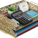 EasyPAG Paper Organizer for Desk 2 Tier Stackable Paper Tray for A4 Legal Size Folders Metal File Storage Desktop Organizer for Home Office School Teacher, Gold