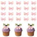 20 Pcs Bowknot Cupcake Toppers Glitter Pink Bow Cake Picks Bridal Engagement Wedding Baby Shower Birthday Party Theme Decoration Supplies (Pink)