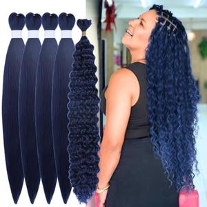ITSBRAIDS Bohemian Boho Dark Blue Braiding Hair Pre Stretched Hypoallergenic Curly Deep Wave Synthetic Knotless EZ Braid Fulani Braids, 4 Pieces