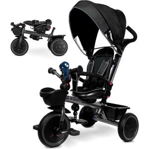 KRIDDO 7-in-1 Tricycle Stroller for Toddlers 18 Months to 5 Years, Adjustable Push Handle, Rotatable Seat, Cup Holder and Retractable Canopy, Folding Baby Trike w/Detachable Guardrail, Footrest, GY