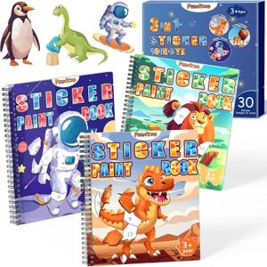 PERRYHOME 3PCS Sticker by Number Paint Books for Kids Ages 4-8, Dinosaur Animal Space Themes Sticker Activity Books, Boys Crafts Party Birthday Christmas Gifts Toys