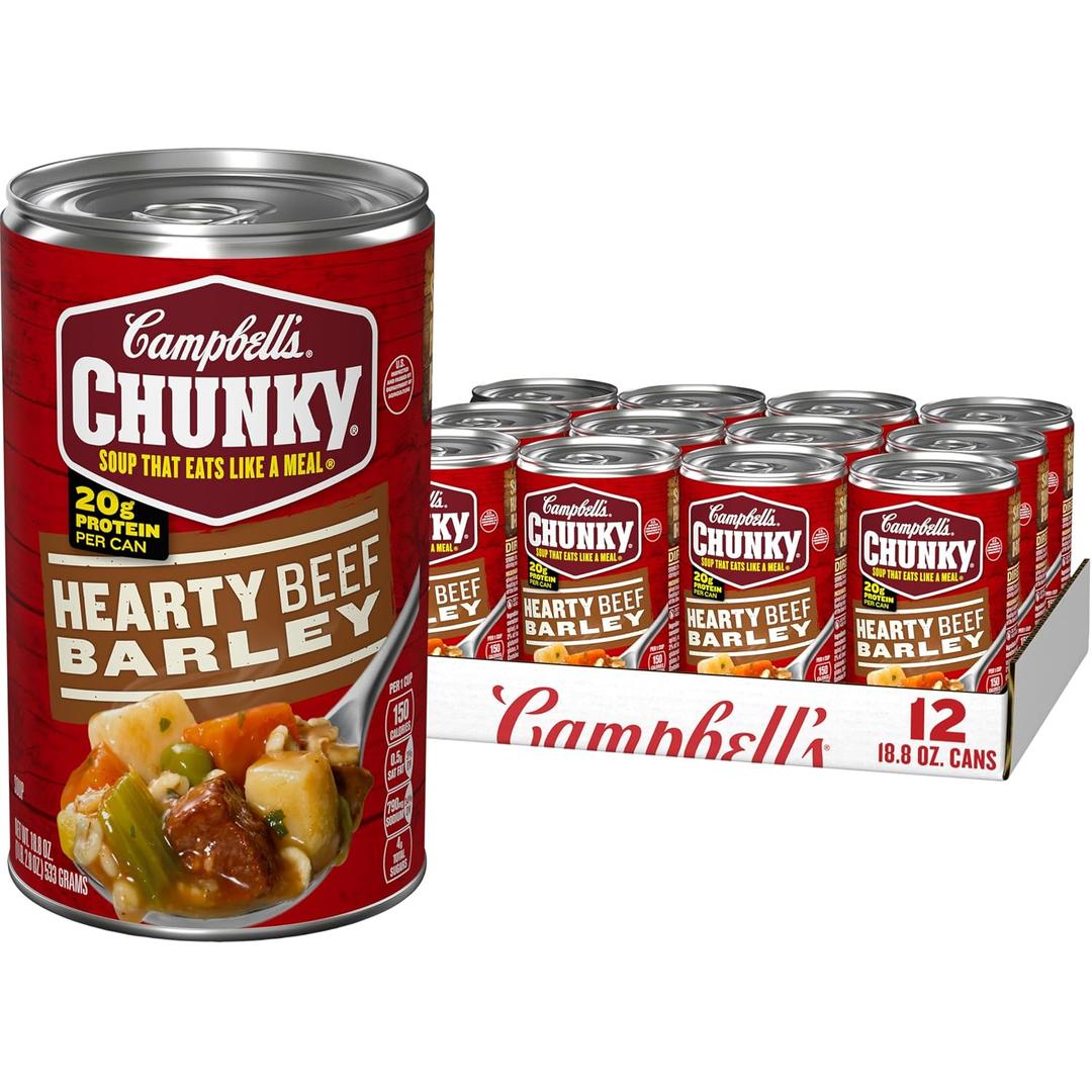 Campbells Chunky Soup, Hearty Beef and Barley Soup, 18.8 Oz Can (Case of 12)