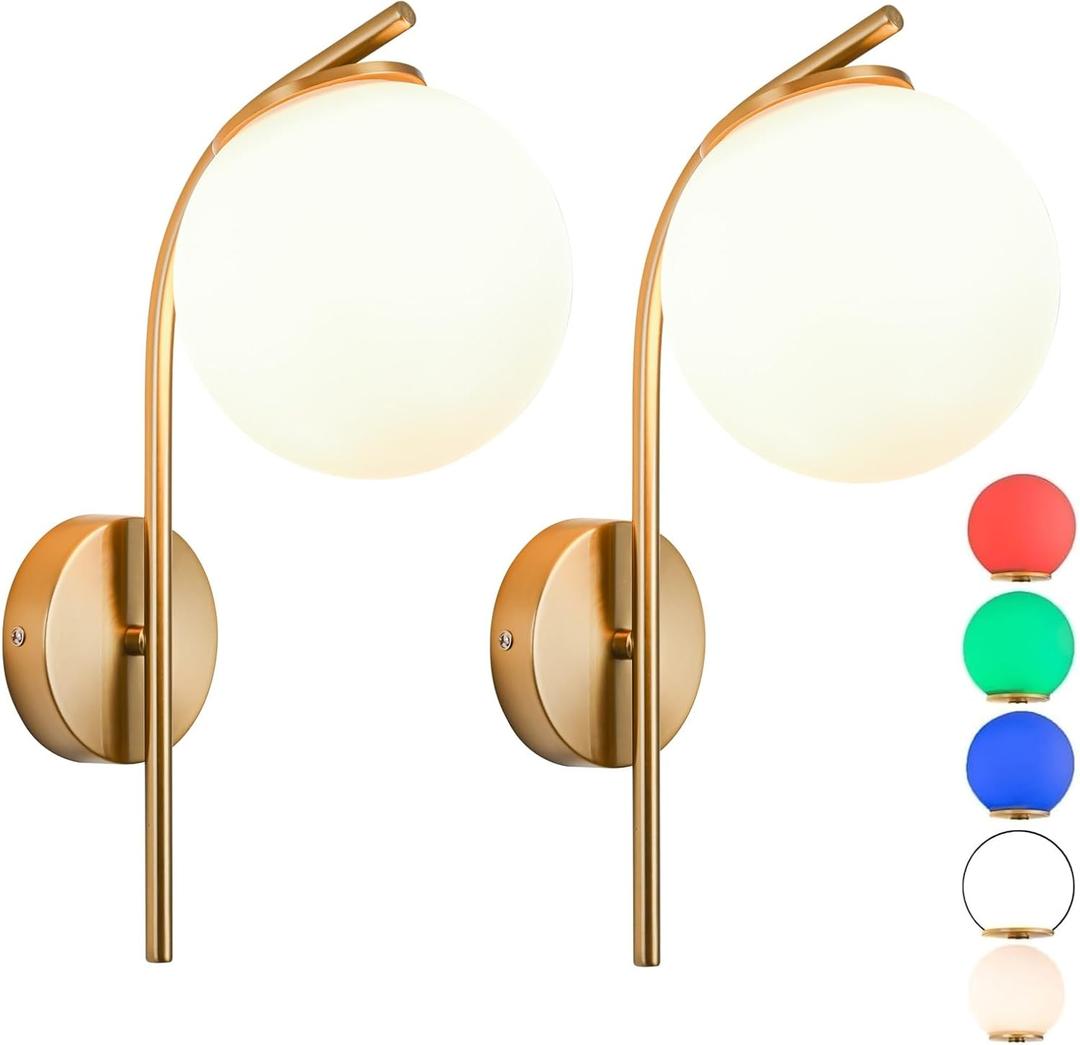 Battery Operated Wall Sconce Set Of 2,glass Rechargeable Wireless Wall LightsBattery Powered Dimmable Fixtures With Remote Control,Indoor Not Hardwired Wall Lamp For Bedroom, Mid-Century Modern(Gold)