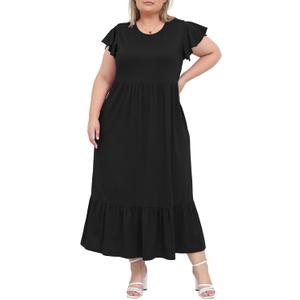 Moon Wood Women's 2025 Plus Size Casual Dress Crew Neck Ruffle Short Sleeve Summer Maxi Dresses with Pockets (Black, S)