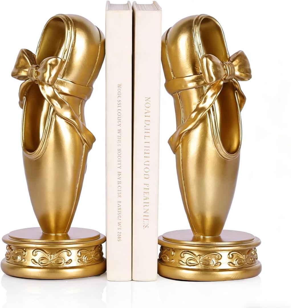Bookends for Shelves, Gold Ballet Slipper Decorative Bookends- Anti-Slip Pad, Resin Vintage Heavy Book Ends for Shelves, Home OfficeGirls Room Decor, for Lovers Dancers