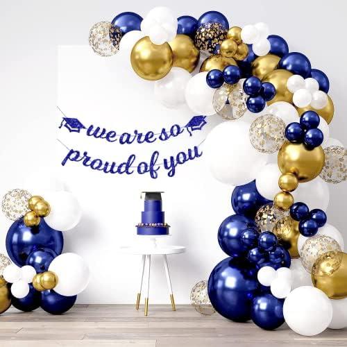 HOUSE OF PARTY Navy Blue and Gold Balloon Arch Kit 99 Pcs, 5/10/12/18 Inch White Gold and Blue Balloons | Royal Blue Balloon Garland for New Year Birthday Decorations
