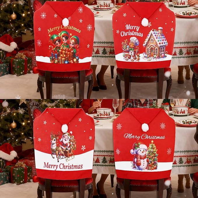 ceiba tree Christmas Chair Covers Set of 4 Santa Hat Red Slipcovers Chairs Back Covers NonWoven Fabric Xmas Decoration for Home Dinner Banquet Party Festival Holiday Decor