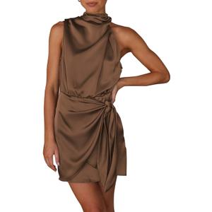 PRETTYGARDEN Women's Short Formal Satin Dress Summer Sleeveless Mock Neck Tie Waist Cocktail Party Dresses (Dark Brown)