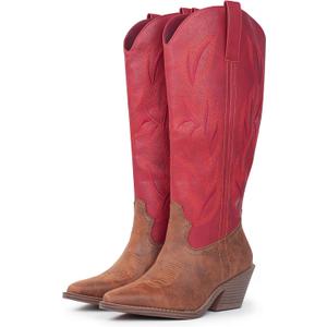 Hawkwell Cowgirl Boots Women Knee High Boots Snip Toe and Block Heel Cowboy Faux Leather Western Boots with Embroidered and Side Zipper, Retro Classic Country Boots Pull On for Ladies Party Shoes (Red)