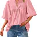 PRETTYGARDEN Women's 2025 Summer Short Lantern Sleeve Tops Loose Fit Button Down Shirt Casual Pleated V Neck Blouses (Large, Pink)