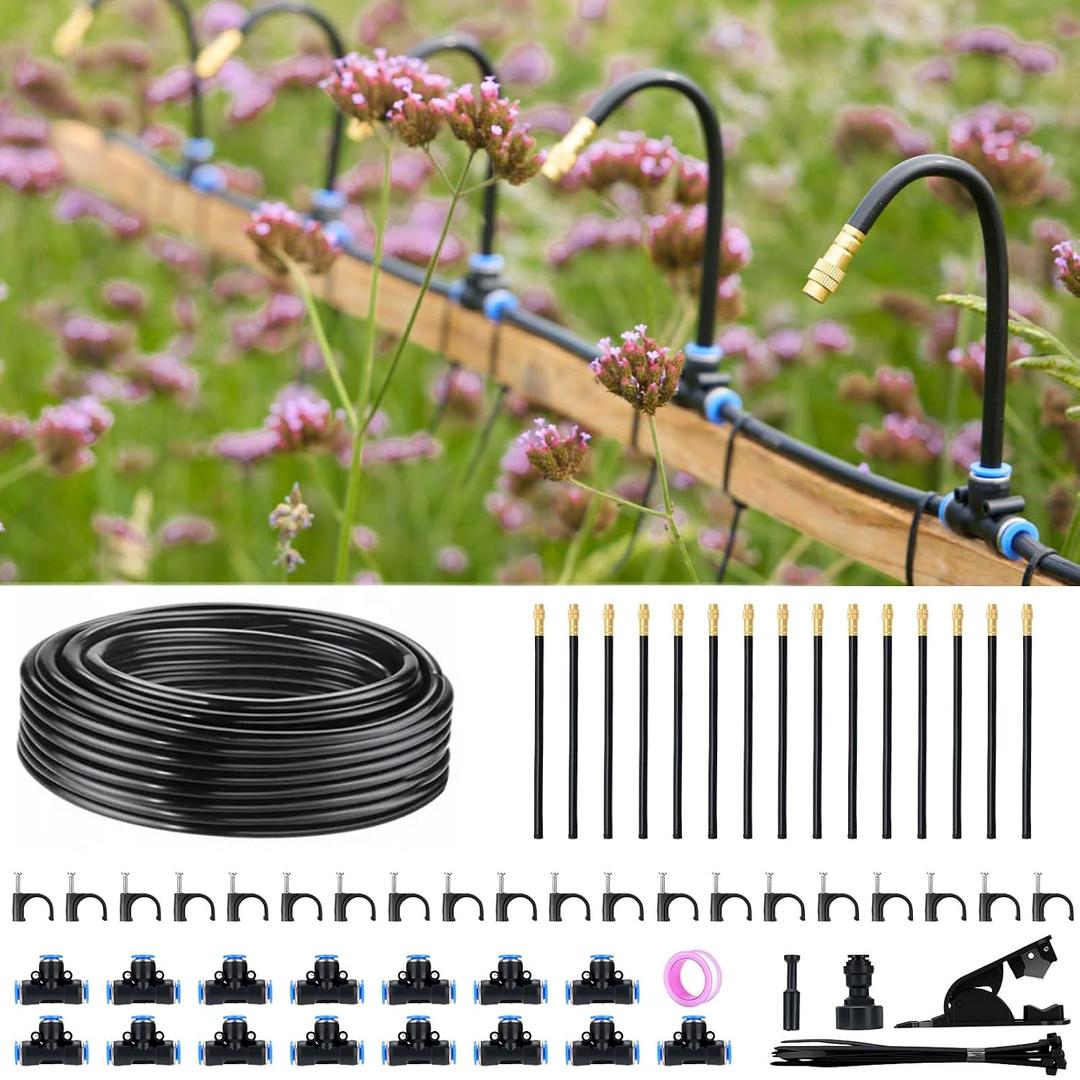 2 x 360° Automatic Drip Irrigation Kit - 5/16'' Tubing, Adjustable Universal Spray Nozzle, Copper Atomizing System for Garden/Lawn/Greenhouse - Multi-Directional Rotation, Quick Connectors, 49FT