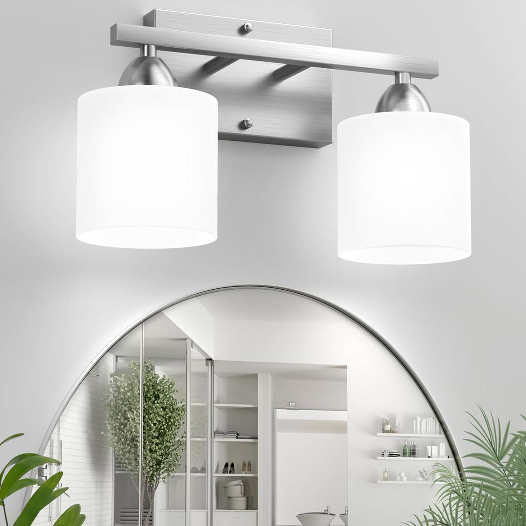 Bathroom Lighting Fixtures Over Mirror Brushed Nickel, Anti-Rust 2-Light Bathroom Vanity Lights, Modern 18Inches Wall Sconces E26 Base, Milky White Glass Shades, Bulbs Not Included