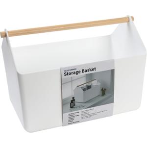 BLUE GINKGO Large Storage Basket  Plastic Caddy with Wooden Handle for Bathroom, Pantry, or Cleaning Supplies (White) BLUE GINKGO Large Storage Basket  Plastic Caddy with Wooden Handle for Bathroom, Pantry, or Cleaning Supplies (White)