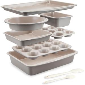 CARTMAN Bakeware Set 9-pieces Brown with Round/Square Cake Pan,Loaf Pan,6/12 Cup Muffin Pan,Cookie Sheet, Brush and Spatula, Carbon Steel Bake Set, Nonstick Stainless Steel Baking Pans Set