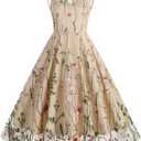 Women Keyhole Floral Embroidery Dress Sheer Mesh Illusion Vintage Cocktail Swing Dress Wedding Party Prom Tulle Evening Dress (Medium, Apricot)
