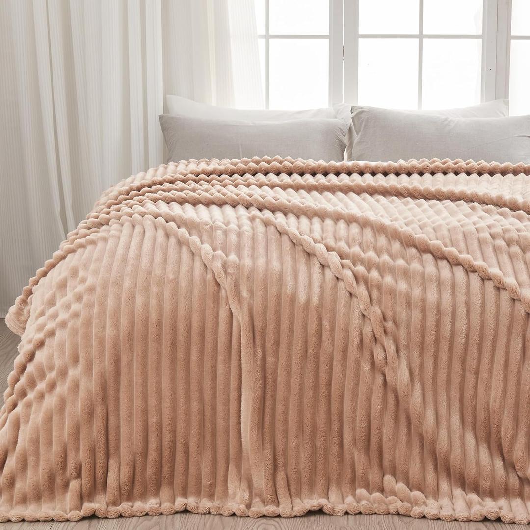 NEWCOSPLAY Super Soft Queen Blanket Taupe Premium Silky Flannel Fleece 3D Ribbed Jacquard Lightweight Bed Blanket All Season Use (Taupe Ribbed, Queen(90"x90"))