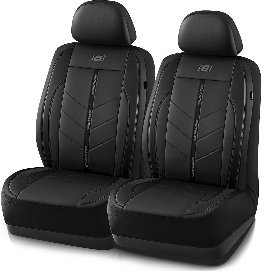 Skechers Car Seat Covers, Luxury Faux Leather Seat Covers, Waterproof Anti Slip Car Seat Protector Front Seats,Car Accessories Airbag Universal Fit for Most Cars, Vans, Trucks, SUV, Black