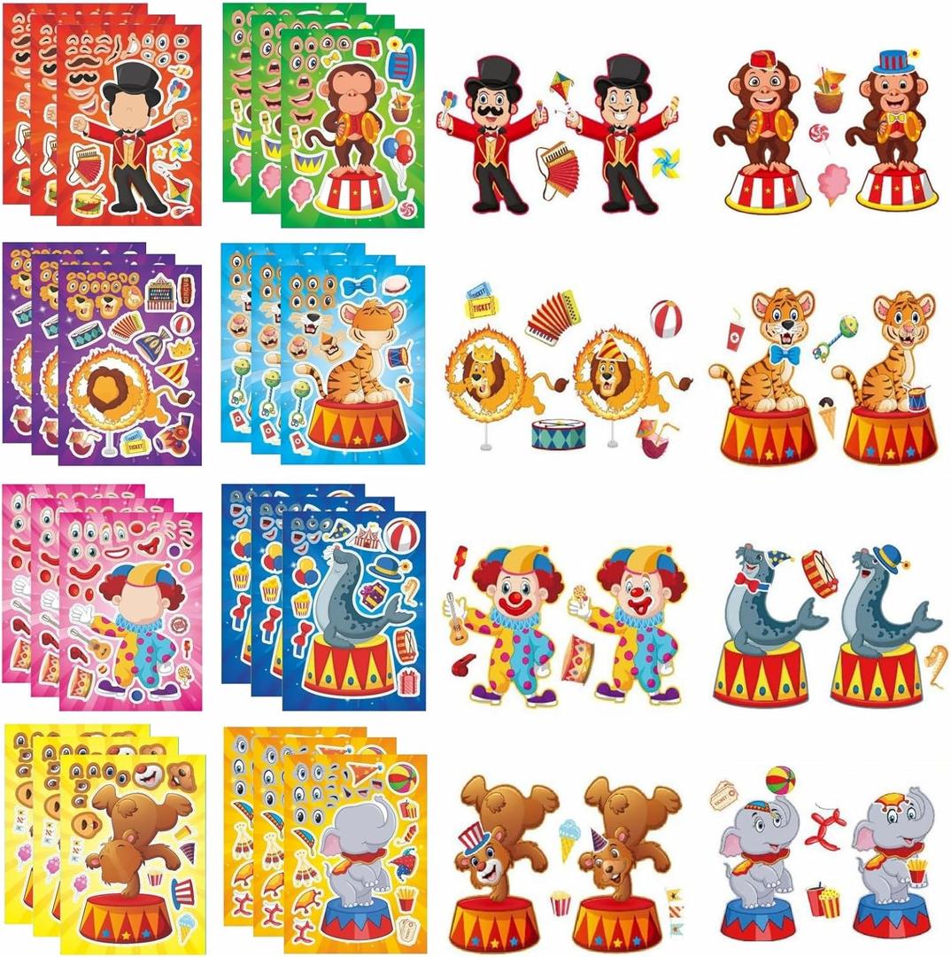 TIAMECH Make Your Own Circus Stickers - 24 Sheets Clown Magician Animals Make A Face Stickers for Kids, Birthday Party Favors & Educational Classroom Rewards