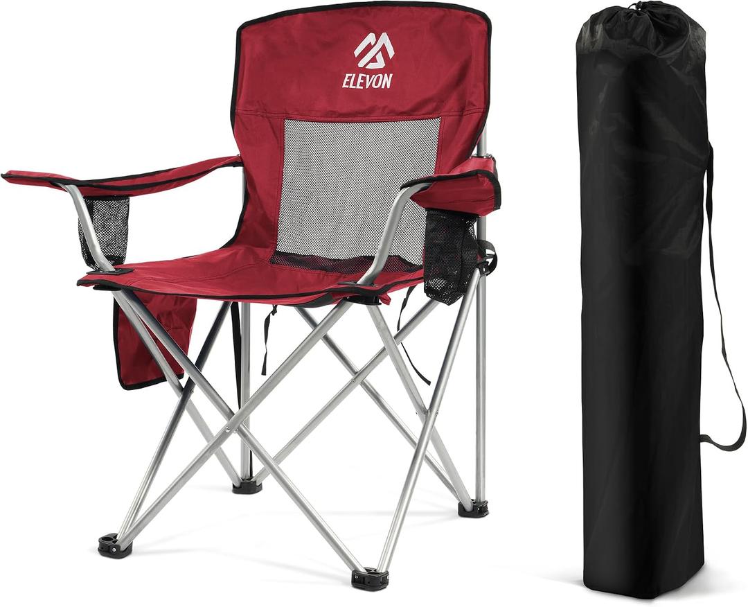 Elevon Camping Chair, Portable Folding Outdoor Chair with Arms, Cup Holder and Carry Bag