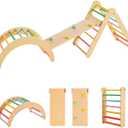 Beright 4 in 1 Pikler Triangle Gym, Montessori Foldable Climber with Ramp, Indoor Climbing Toys for Kids, Climbing Triangle for Toddlers Arch Climber, Rocker, Learning Waldorf Children Toy, Rainbow (Colored)