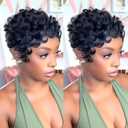 Curly Wave Short Wig for Black Women 1B Black Color Pixie Cut Wig Synthetic Wave Layered Haircut None Lace Front Wigs with Bangs for Daily Use