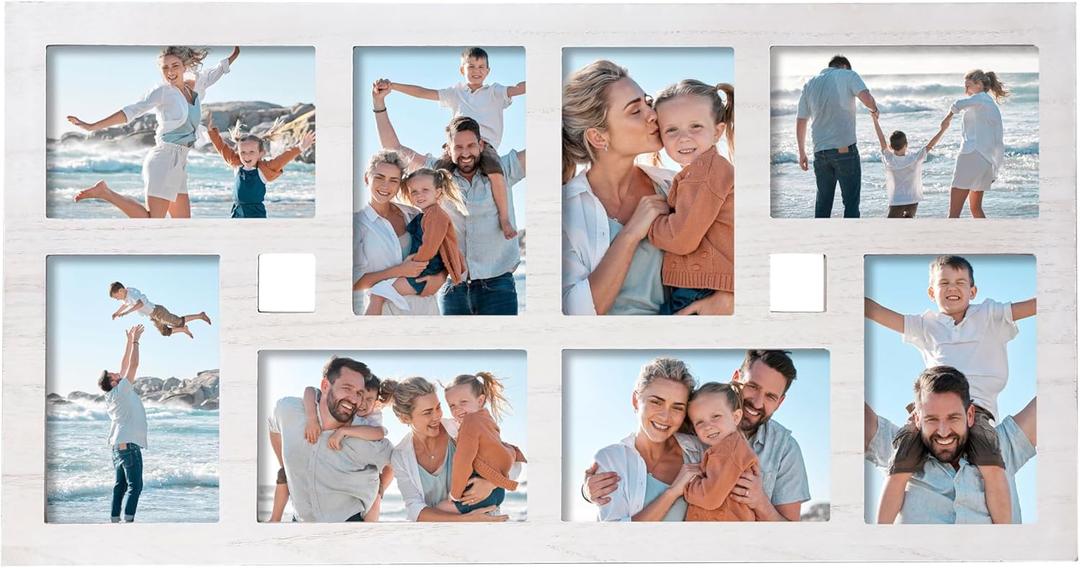 8-Opening Collage Picture Frame Wall Decor  White Multi Photo Frame for 4x6 Pictures, Holds 8 Photos Total, Rustic Hanging Wall Art for Living Room, Bedroom, or Hallway  22.63 x 11.81 Inch