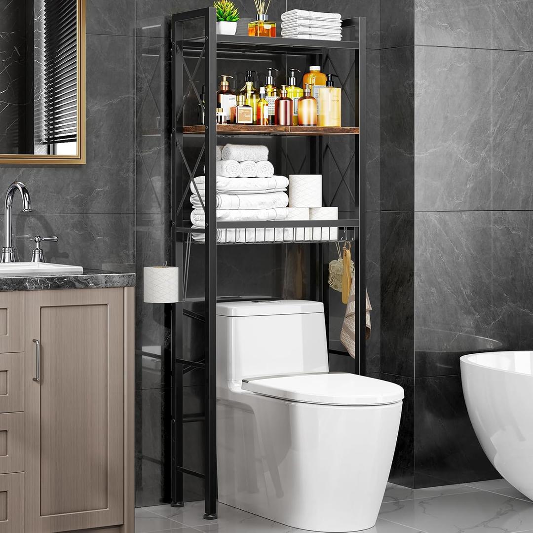 Over The Toilet Storage with X Shape Side Guardrail, 3-Tier Over Toilet Storage Rack with Drain Basket, Freestanding Bathroom Organizer for Balcony Laundry, Vintage Brown