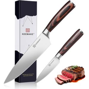 KEEMAKE Professional Chef Knife Set 2 Pieces - Kitchen Knives High Carbon Stainless Steel Ultra Sharp Blade & Ergonomic Pakkawood Handle, Perfect for Meat Cutting, Vegetable Chopping & Culinary Gifts