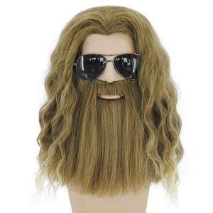 RightOn Blonde Wig for Men Beard Wig for Cosplay Long Curly Wigs Ash Blonde Wigs Hairnet Include