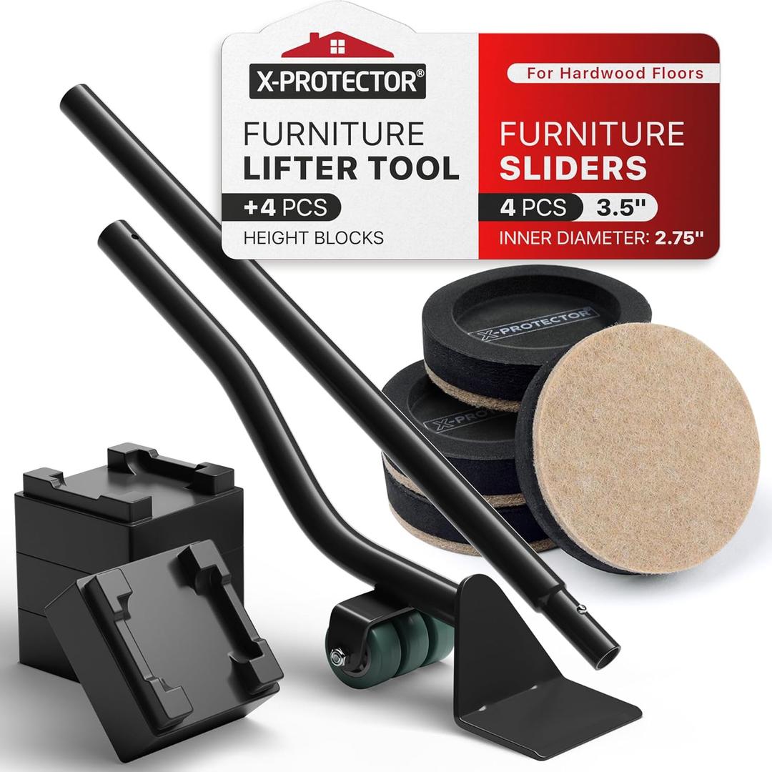 X-Protector Felt Furniture Sliders for Hardwood Floors & Furniture Lifter Tool Set - 4 PCS 3 1/2" Sliders for Furniture with Furniture Jack. Move Your Furniture Easily with Premium Furniture Movers!