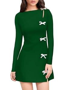 XXTAXN Women's Fall Long Sleeves Boat Neck Elegant Bow Y2k A Line Mini Dress Green
