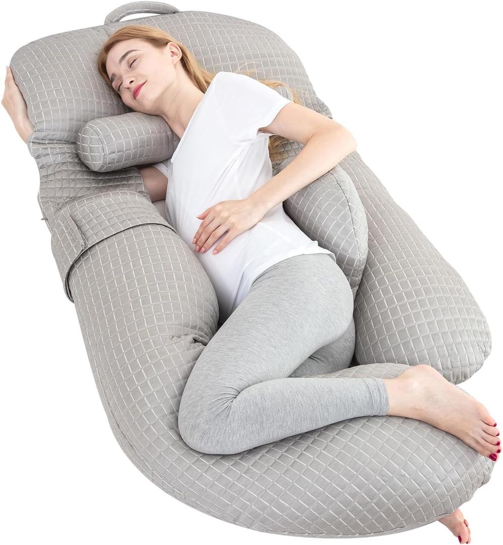 Cooling Pregnancy Pillow, U-Shaped Maternity Pillow Full Body Support, Memory Foam Filling, Washable & Removable Ice Silk Cover(Cool-Grey, 54 Inch)