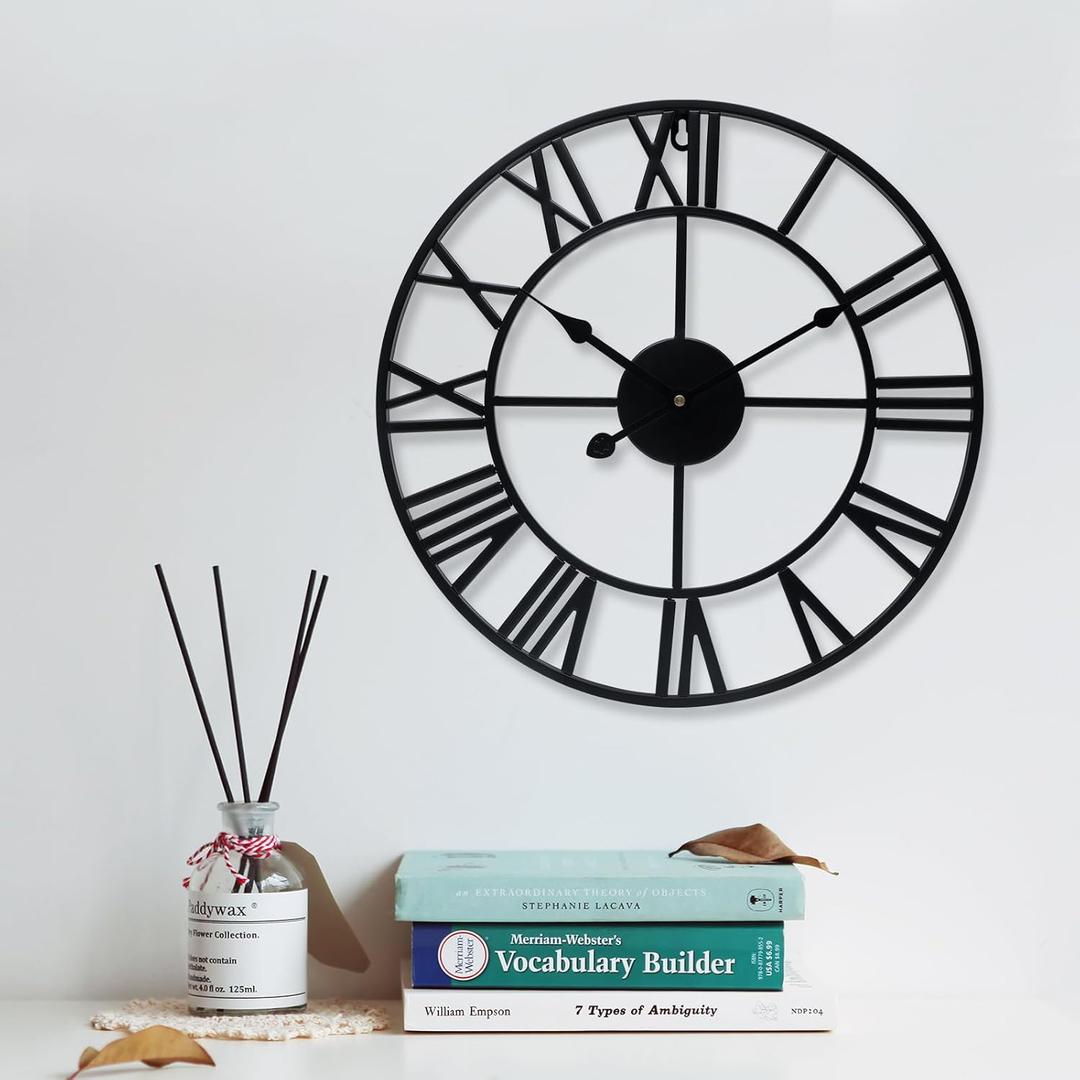 Large Wall Clock 32 Inch Black Roman Numerals Metal Clock Battery Operated Silent Non-Ticking Decor Clock Modern Round Oversize Wall Clocks for Home, Hotel, Office, Bedroom (Black, 32inch)