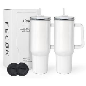 40 oz Sublimation Tumbler with Handle and Straw Keeps Cold for 34 Hours 2 Pack Stainless Steel Double Wall Vacuum Insulated Travel Mug Cup Tumblers Bulk Sublimation Blank White