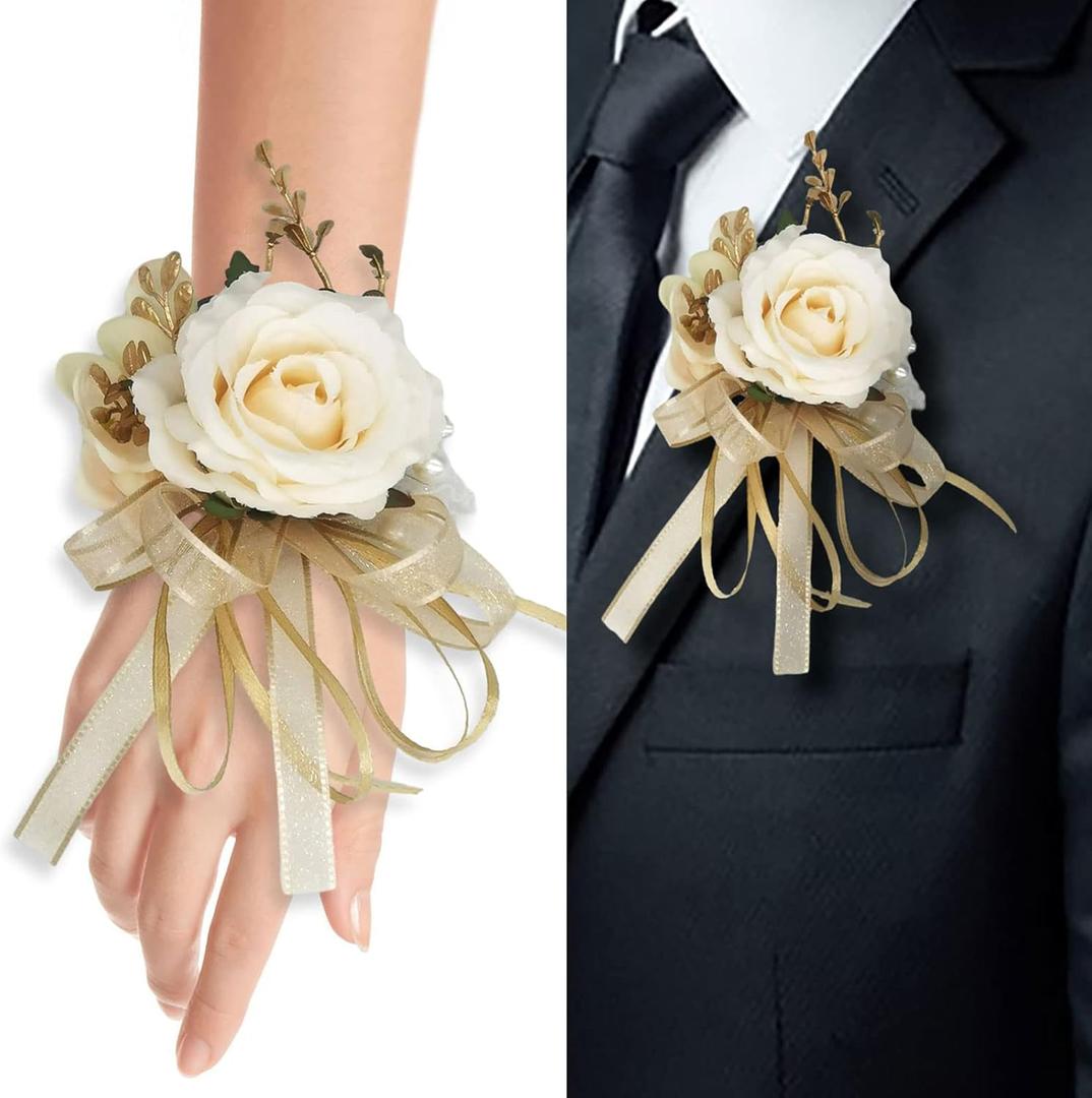 Beige Rose Wrist Flower Corsage & Boutonniere Set for Wedding Bride Bridesmaid Groom Groomsmen Parents Suit Lapel Pin Button Hole Flower for Prom Homecoming, Tea Party, Formal Dinner