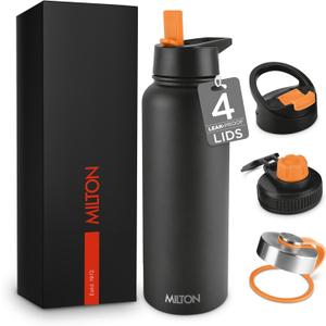 Milton 40 Oz Insulated Water Bottle With Leakproof 4 Lids, Stainless Steel Double Walled Vacuum Insulated Thermos, 12 Hour Hot, 24 Hrs Cold, Metal Travel Thermal Mug for Sports, Gym, Flassio, Black