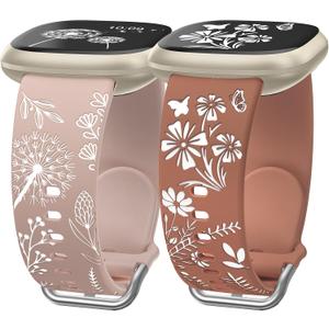 Wearlizer 2 Packs Floral Engraved Band Compatible with Fitbit Versa 4 Bands for Woman/Versa 3/Sense 2/Sense Bands Women, Cute Two-Tone Flower Soft Silicone Sport Strap (Milk Tea/White & Brown/White)