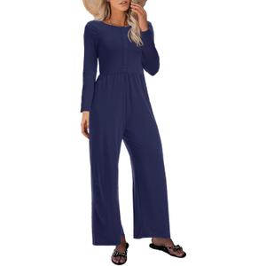 Womens Casual Jumpsuits One Piece Loose Stretchy Long Sleeve Fall Jumpsuit Wide Leg Long Pants Rompers with Pockets (Blue, M)
