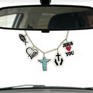 Cross Jesus Rearview Car Mirror Charm Chain Accessorie,Gold Rearview Charms,Christian Cars Rear View Hanging Pendant Ornament,Cross Gifts for Women Men Mom Religious Car Interior Decor