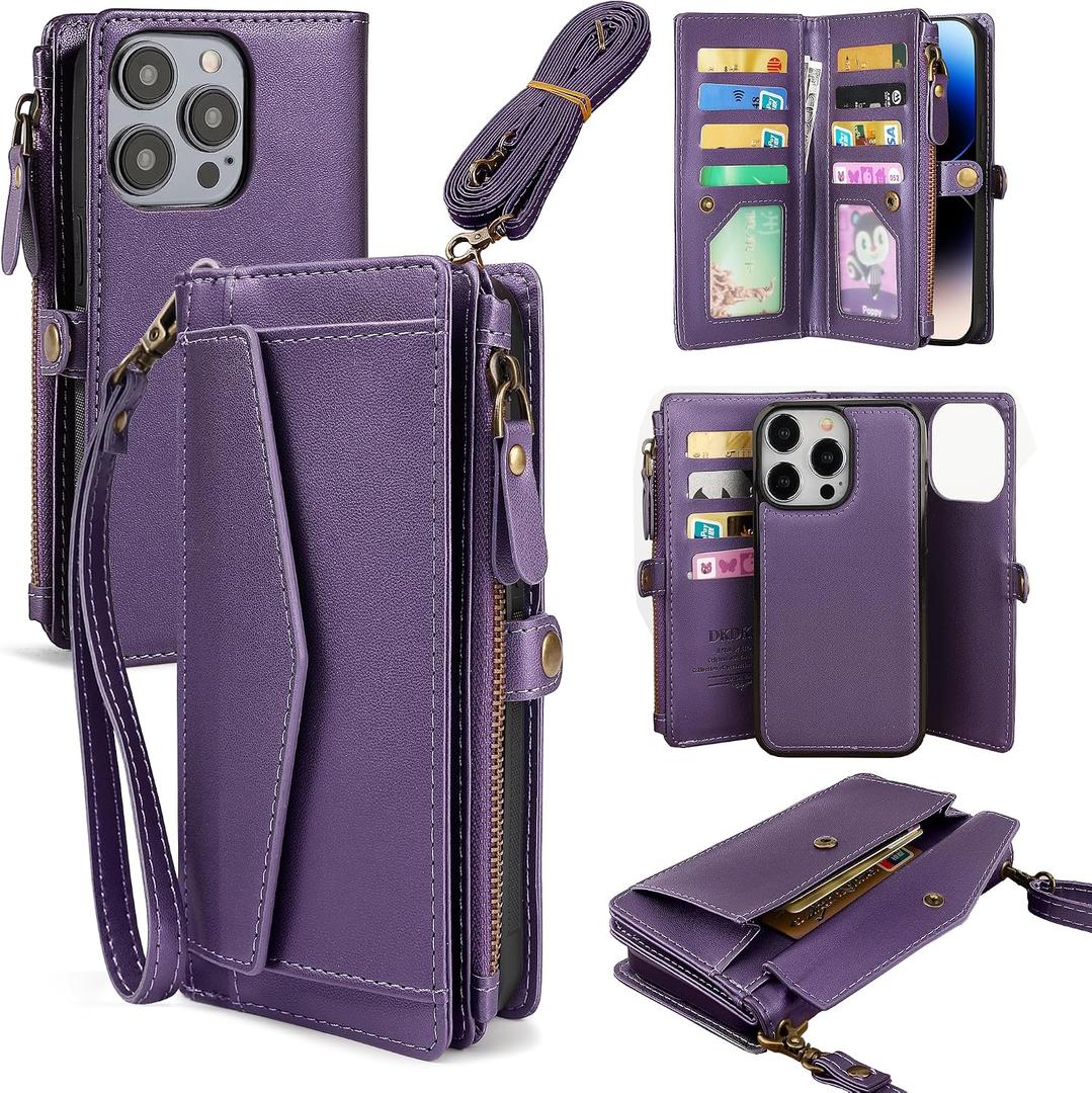 for iPhone 16 Pro Wallet Case for Women, Support Wireless Charging with RFID Blocking Card Holder, PU Leather Wallet Detachable Magnetic Phone Case Crossbody Strap, Purple