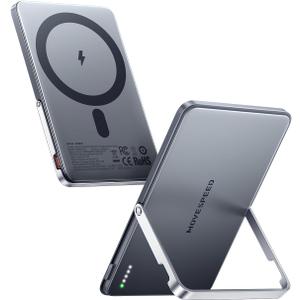 MOVE SPEED 0.35" Slim Magsafe Portable Charger, 5000mAh Magnetic Power Bank with Kickstad,PD 22.5W Fast Charging Battery Pack for iPhone 16/15/14/13/12 Series, Glacier Gray