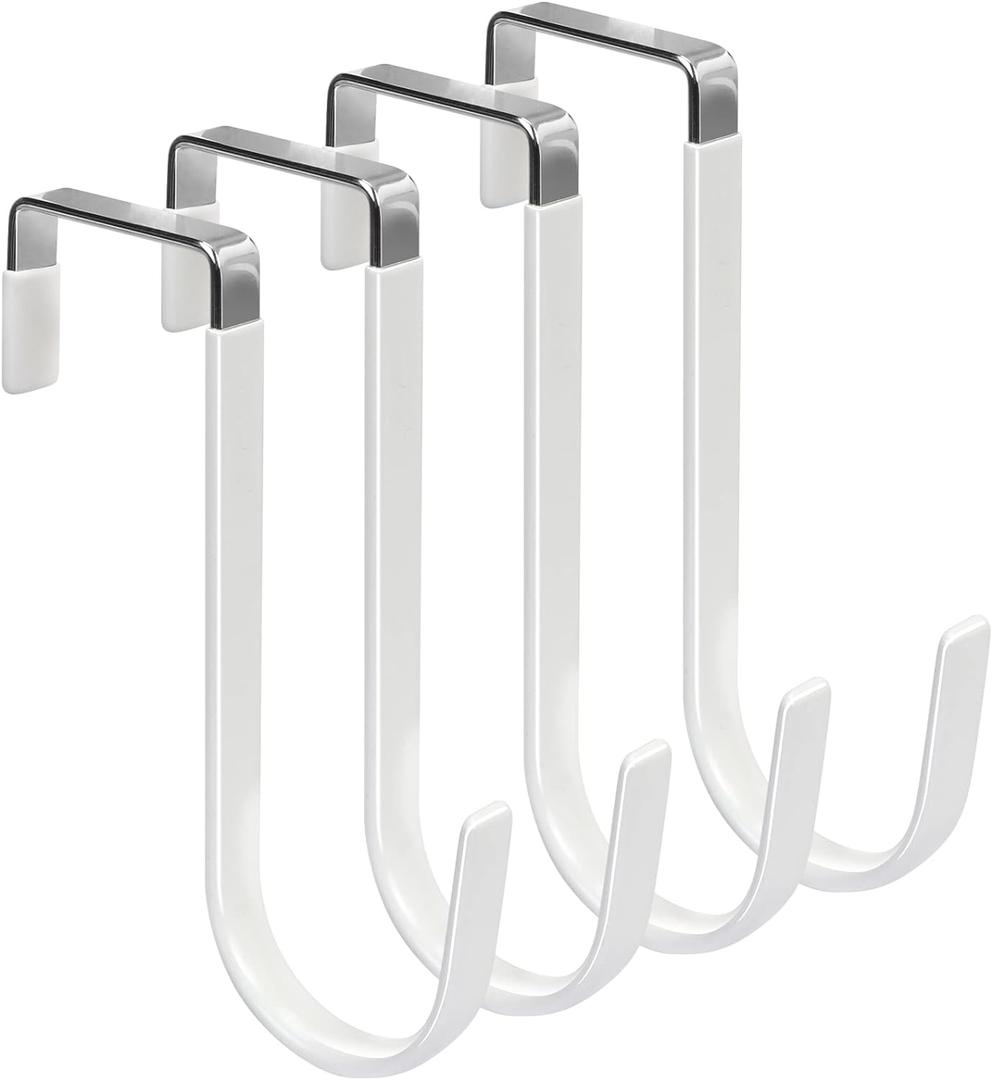 FYY Over The Door Hooks, 4 Pack Hangers Hooks with Rubber Prevent Scratches Heavy Duty Organizer for Living Room, Bathroom, Bedroom, Kitchen Hanging Clothes, Towels, Hats, Coats, Bags White (Short)