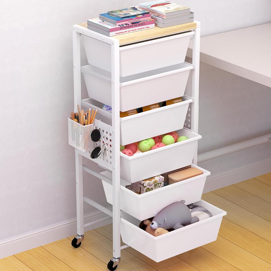 Rolling Cart with Drawers, Rolling Storage Cart with 6 Large Plastic Drawers & Wooden Tabletop, Utility Cart with Pegboards & Basket, Storage Drawers Cart for Living Room, Classroom, Bedroom, Office (White)