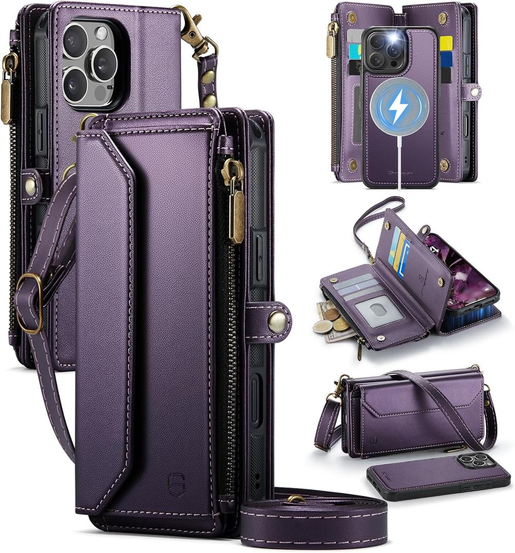 for iPhone 15 Pro Max Detachable Wallet Case Compatible with Magsafe, RFID Blocking 9-Card Holder Zipper Strap Lanyard PU Leather Magnetic Phone Case for iPhone 15 Pro Max 6.7", Purple