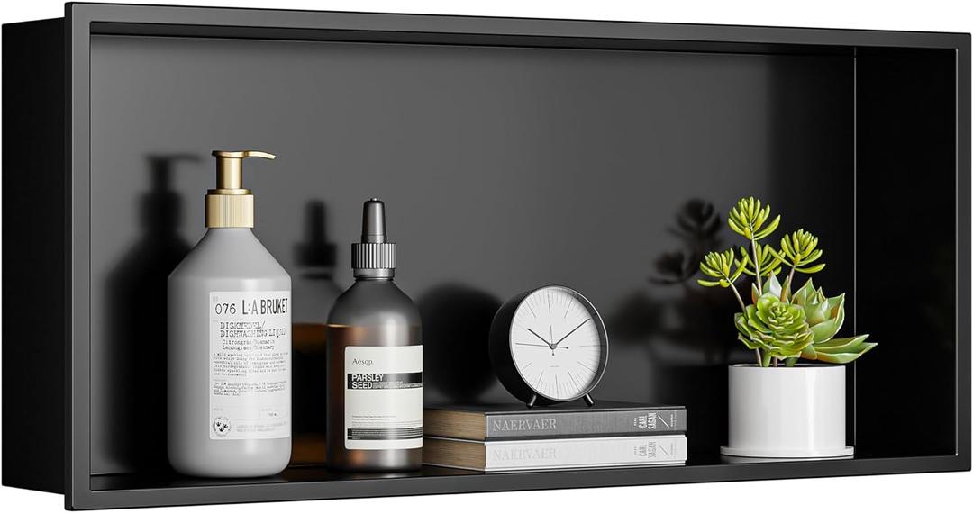 304 Stainless Steel Recessed Shelf, Over Mount Installation for Bathroom & Shower Wall, Waterproof (Black, 24 X 12 X 4 Inches)