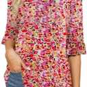 Poetsky Women's 3/4 Sleeve Tops Casual V Neck Shirts Loose Ruffle Tunic Blouses, L