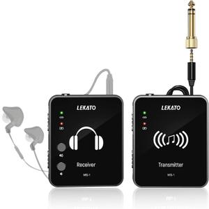 LEKATO MS-1 Wireless in Ear Monitor System, 2.4GHz Stereo in-Ear Monitoring with Transmitter Receiver Clip On, One to Many, Auto-Pairing,Wireless IEM for Band Rehearsal,Studio, Church,Small Gigs (Black)